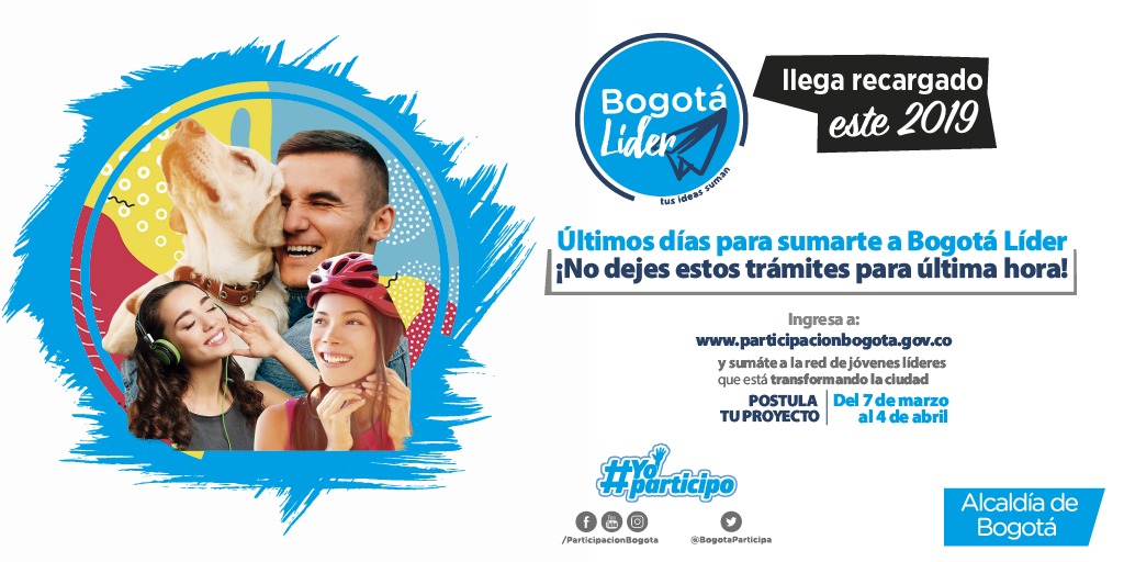 ¡No deje estos trámites para última hora! Si su proyecto tiene más de un año de implementación y usted está interesado en recibir los beneficios que ofrece el Instituto Distrital de la Participación y Acción Comunal  -IDPAC, a los colectivos, fundaciones u organizaciones sociales juveniles, a través de Bogotá Líder, recuerde que el próximo 4 de abril, se acaba el plazo para inscribirse y enviar los documentos solicitados para participar en la Convocatoria Bogotá Líder 2019. Éstos deben entregarse diligencia